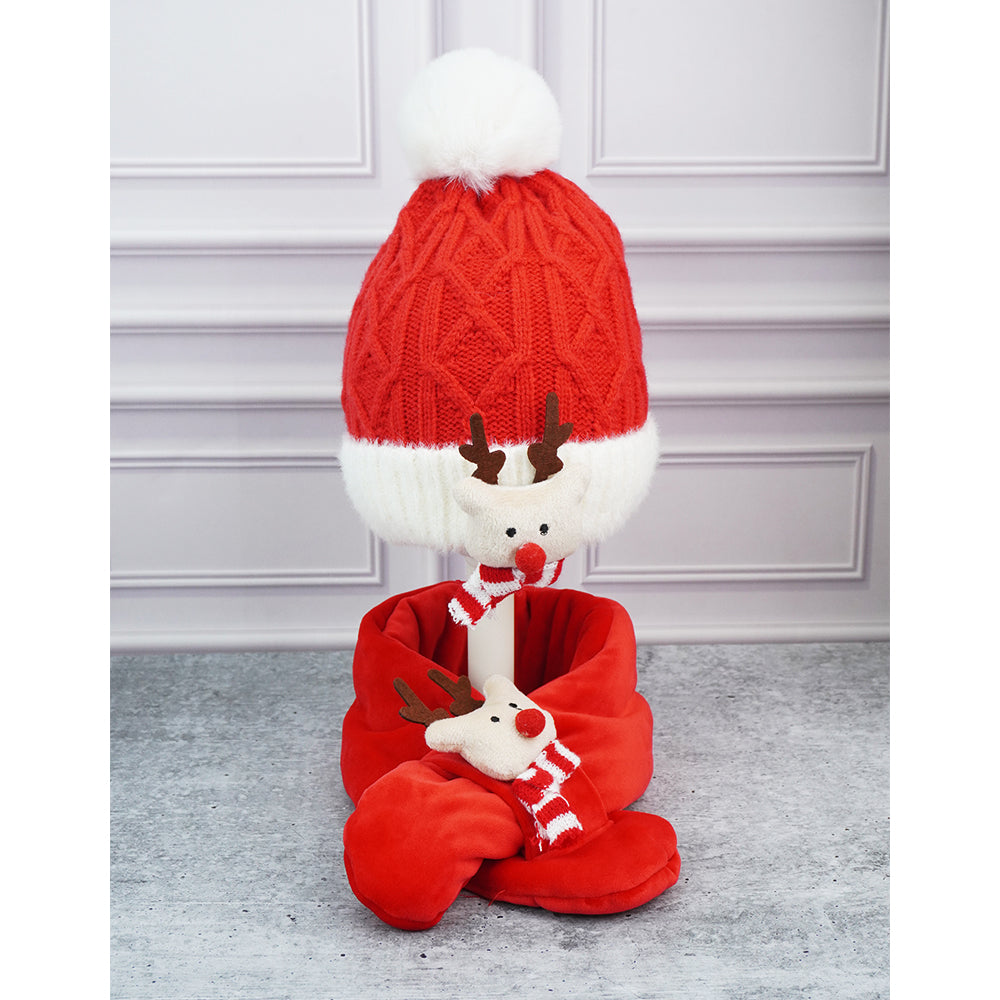 2pcs Red Nose Reindeer themed Winter Cap Beanie with matching Long style Neck Muffler for Kids, 3-10 Years
