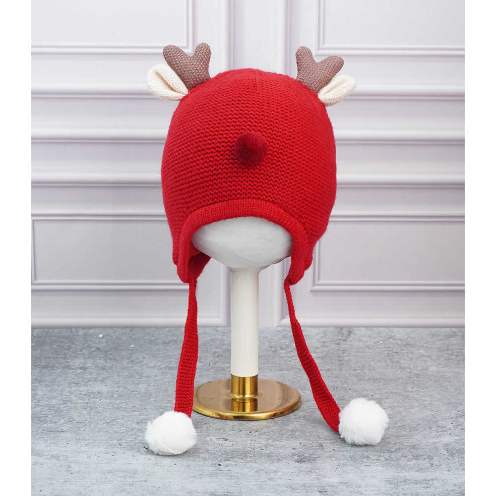 Red Baby Antler Knitted soft Woolen Winter Cap with tie up, 6-18 months