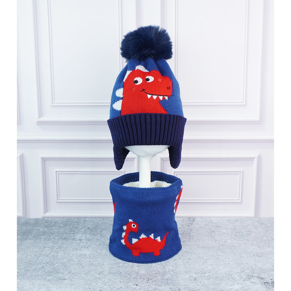 2pcs Blue Red Face Dino themed Beanie Winter Cap with matching Neck Cuff style Muffler for Kids