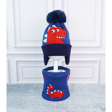 2pcs Blue Red Face Dino themed Beanie Winter Cap with matching Neck Cuff style Muffler for Kids