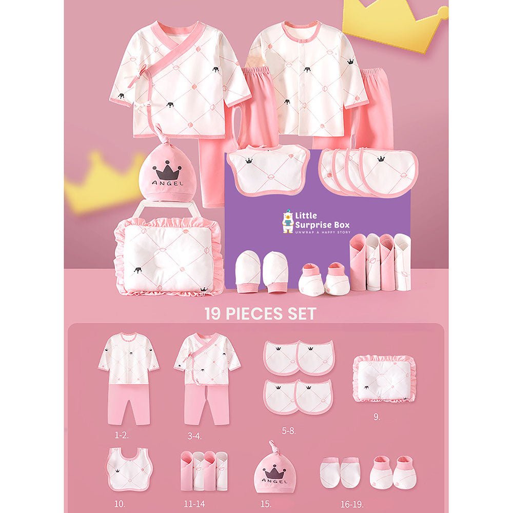 19 Pcs Pink Crown Newborn Baby Girl/ Boy All Season Wear Gift Hamper Box - Little Surprise Box19 Pcs Pink Crown Newborn Baby Girl/ Boy All Season Wear Gift Hamper Box