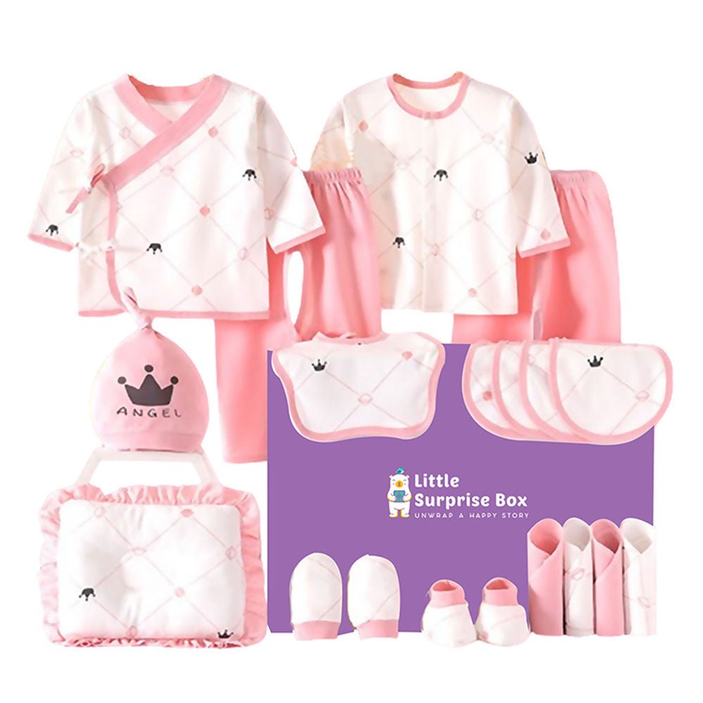 19 Pcs Pink Crown Newborn Baby Girl/ Boy All Season Wear Gift Hamper Box - Little Surprise Box19 Pcs Pink Crown Newborn Baby Girl/ Boy All Season Wear Gift Hamper Box