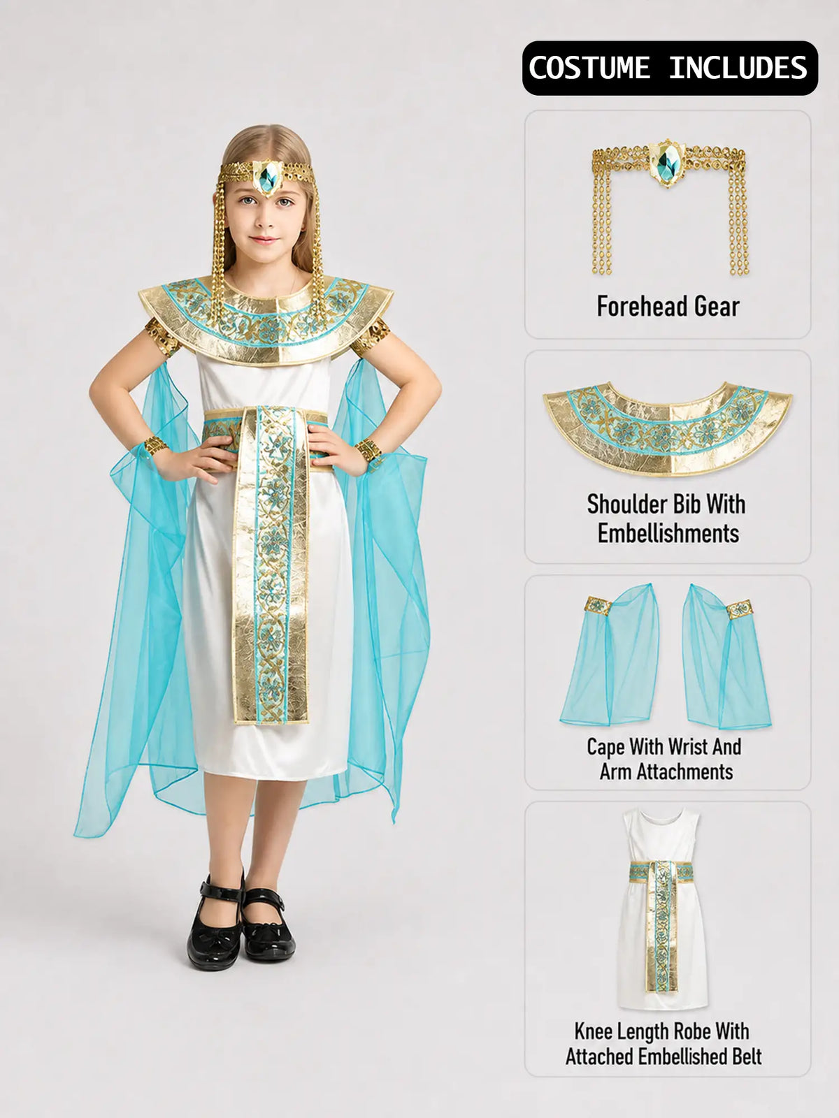 White & Blue Egyptian Girl , Kids Halloween Costume Dress Up for girls