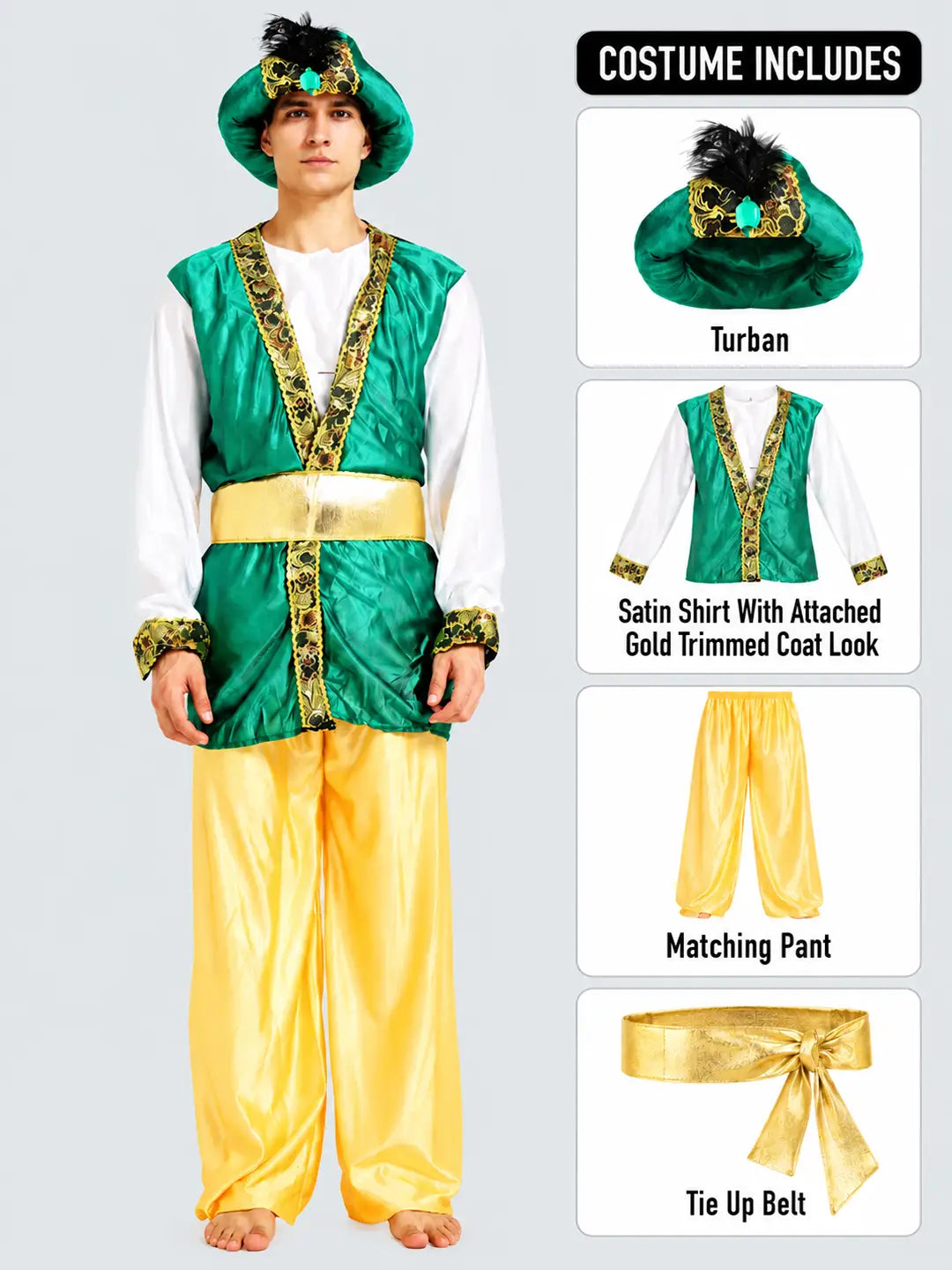 Aladdin Gold and Green Adults Halloween Costume Fancy Dress Up