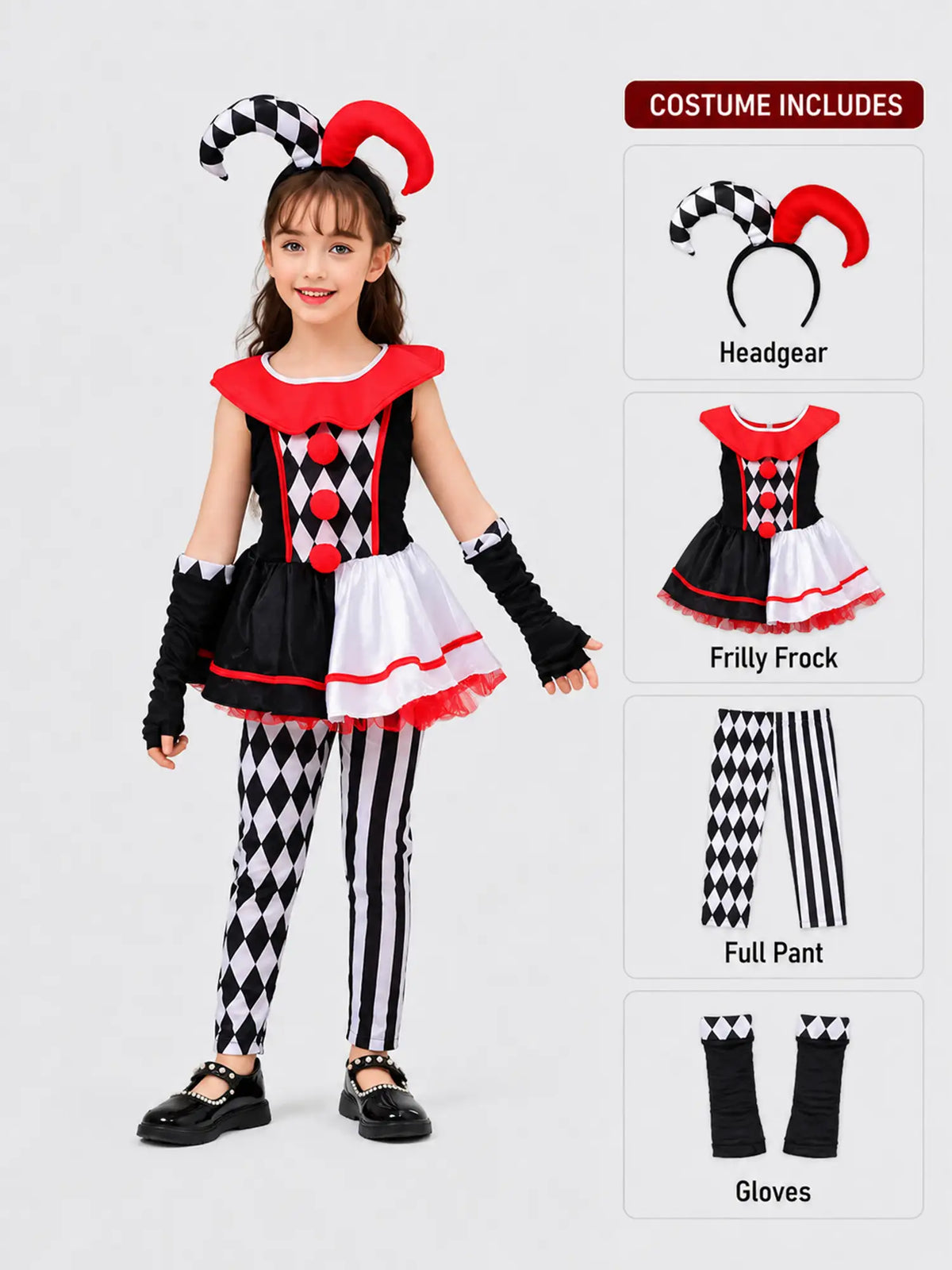 Black & White checkered Joker Jester ,Kids Halloween Costume Dress Up