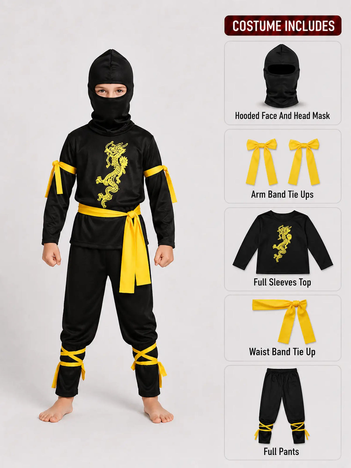 The Black & Yellow Dragon Ninja, Kids Halloween Costume Fancy Dress Up
