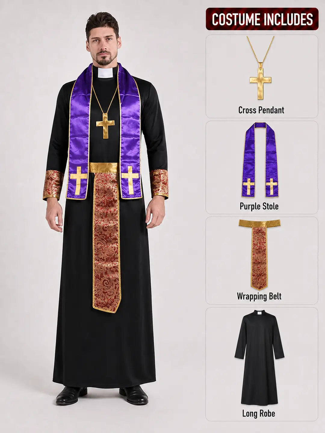 The Priest , Purple & Black Adults Halloween Costume Fancy Dress Up