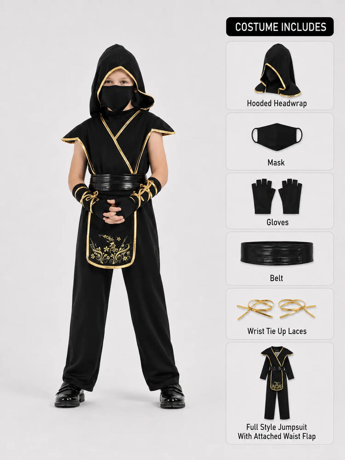 The Black & Gold Dragon Ninja, Kids Halloween Costume Fancy Dress Up