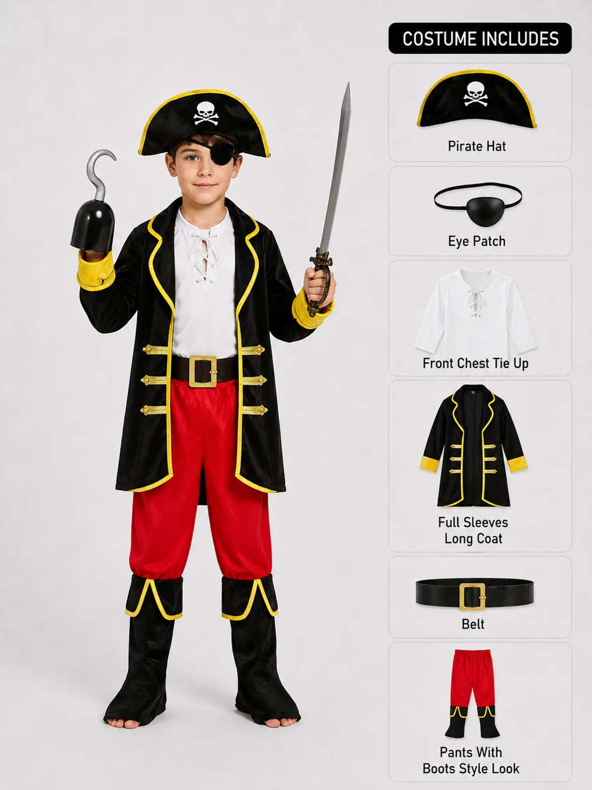Black Coat one eye Pirate , Kids Halloween Costume Fancy Dress Up