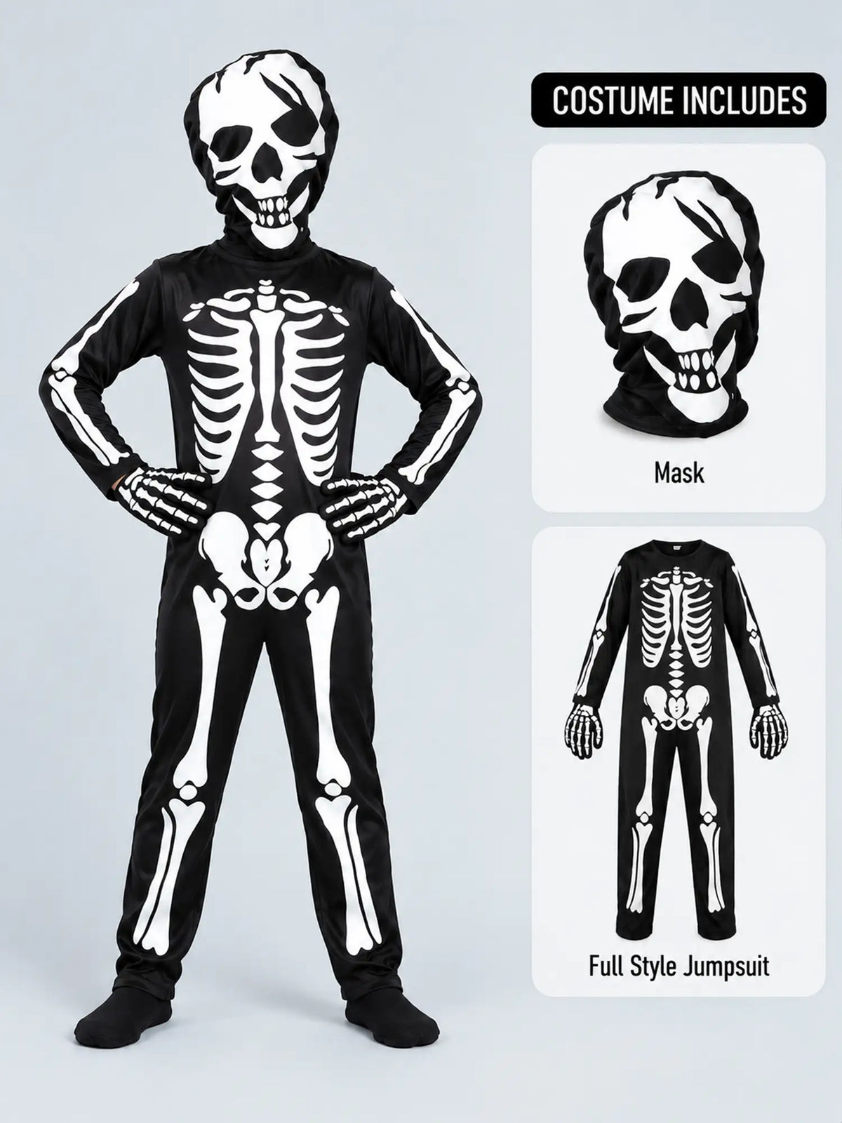 Black White Luminious Glow in Dark Skeleton Kids Halloween Costume