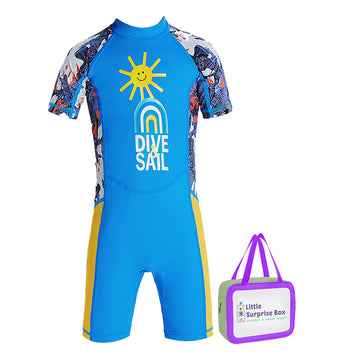 Half Sleeves Unisex Swimwear Sky Blue+Yellow Sunshine Printed Knee Length,UPF 50+ with Free Washbag