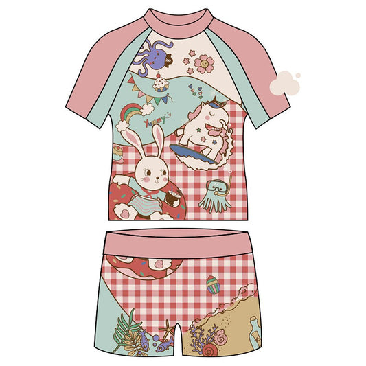 2 PCS Chequered Rabbit Tshirt & Shorts set Swimwear for Kids & Toddlers - Little Surprise Box2 PCS Chequered Rabbit Tshirt & Shorts set Swimwear for Kids & Toddlers