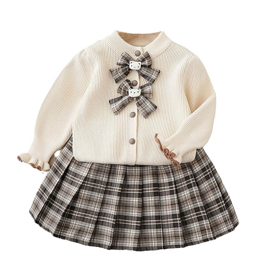 2 pcs Cream checks cardigan and Skirt Winter wear set 2 matching Teddy Clips - Little Surprise Box2 pcs Cream checks cardigan and Skirt Winter wear set 2 matching Teddy Clips