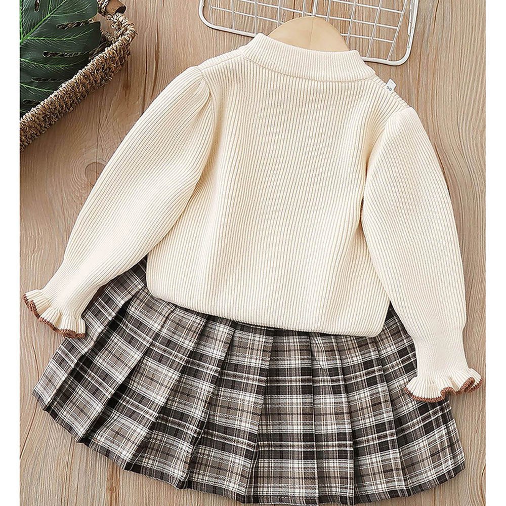 2 pcs Cream checks cardigan and Skirt Winter wear set 2 matching Teddy Clips - Little Surprise Box2 pcs Cream checks cardigan and Skirt Winter wear set 2 matching Teddy Clips
