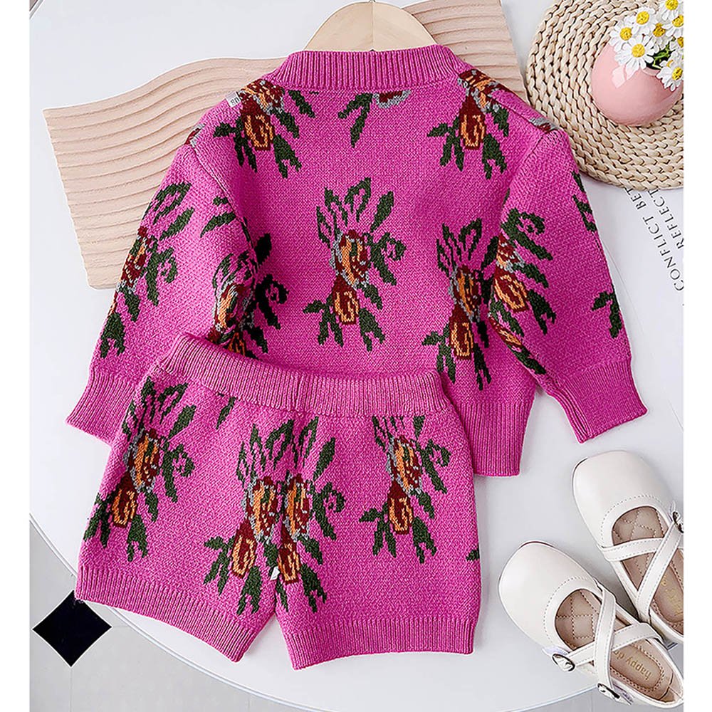 2 pcs Magenta Flower Bunch Knitted Cardigan and shorts Winter wear set - Little Surprise Box2 pcs Magenta Flower Bunch Knitted Cardigan and shorts Winter wear set