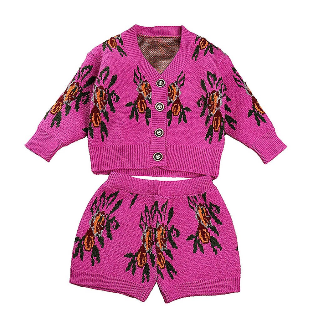 2 pcs Magenta Flower Bunch Knitted Cardigan and shorts Winter wear set - Little Surprise Box2 pcs Magenta Flower Bunch Knitted Cardigan and shorts Winter wear set