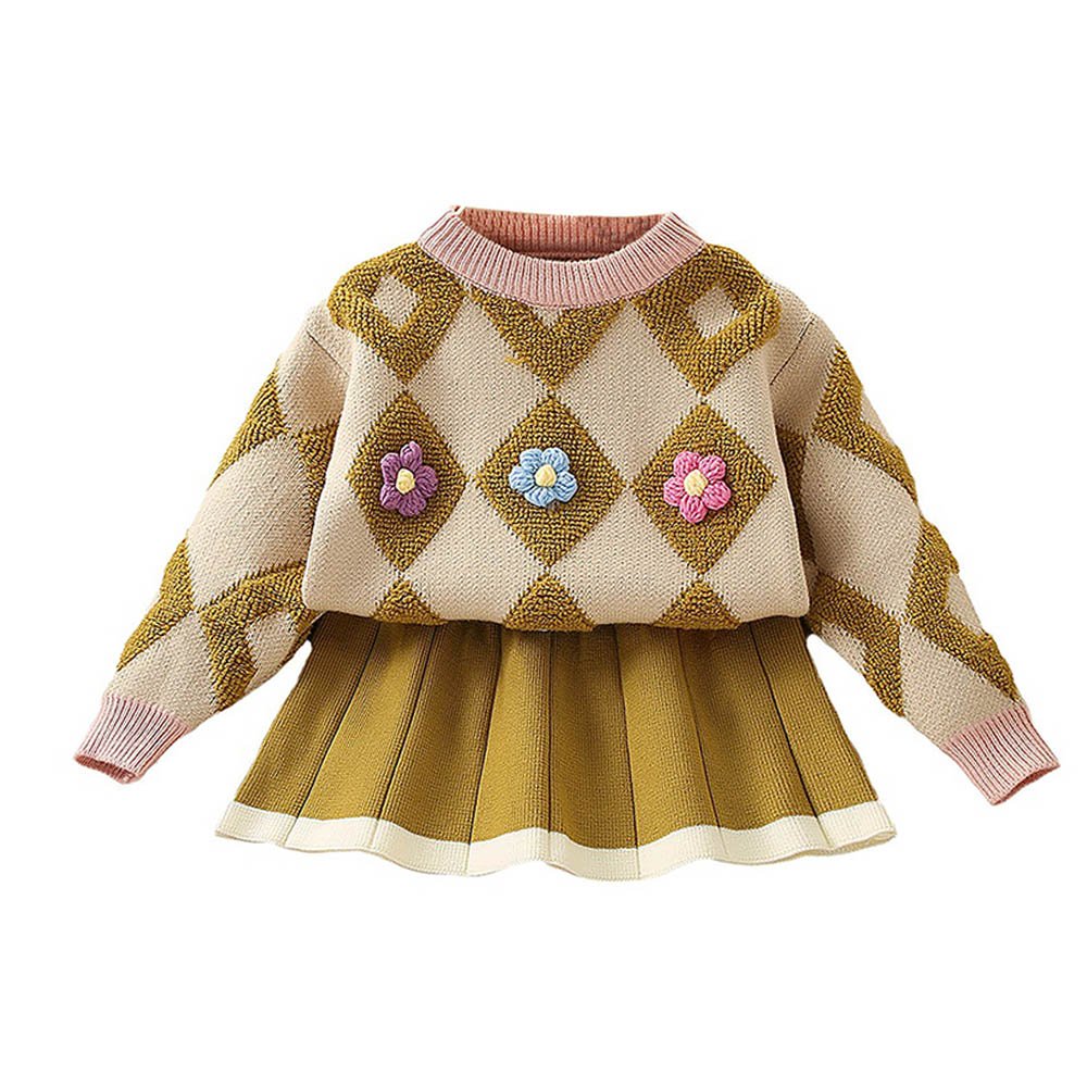 2 pcs Occur Diamond Floral Cardigan and Skirt Winter wear set - Little Surprise Box2 pcs Occur Diamond Floral Cardigan and Skirt Winter wear set