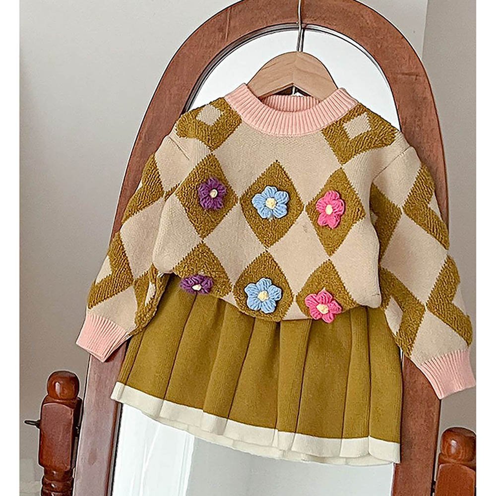 2 pcs Occur Diamond Floral Cardigan and Skirt Winter wear set - Little Surprise Box2 pcs Occur Diamond Floral Cardigan and Skirt Winter wear set