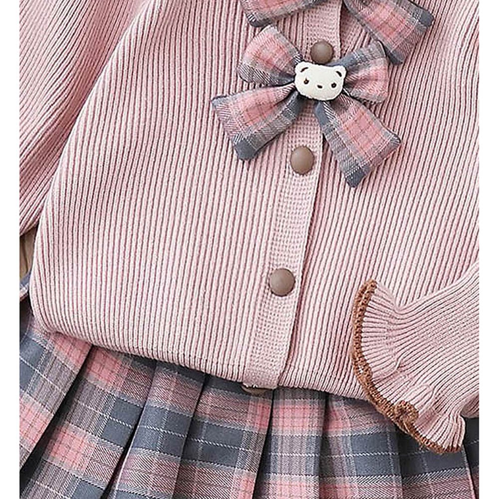 2 pcs Pink checks cardigan and Skirt Winter wear 2 matching Teddy Clips - Little Surprise Box2 pcs Pink checks cardigan and Skirt Winter wear 2 matching Teddy Clips