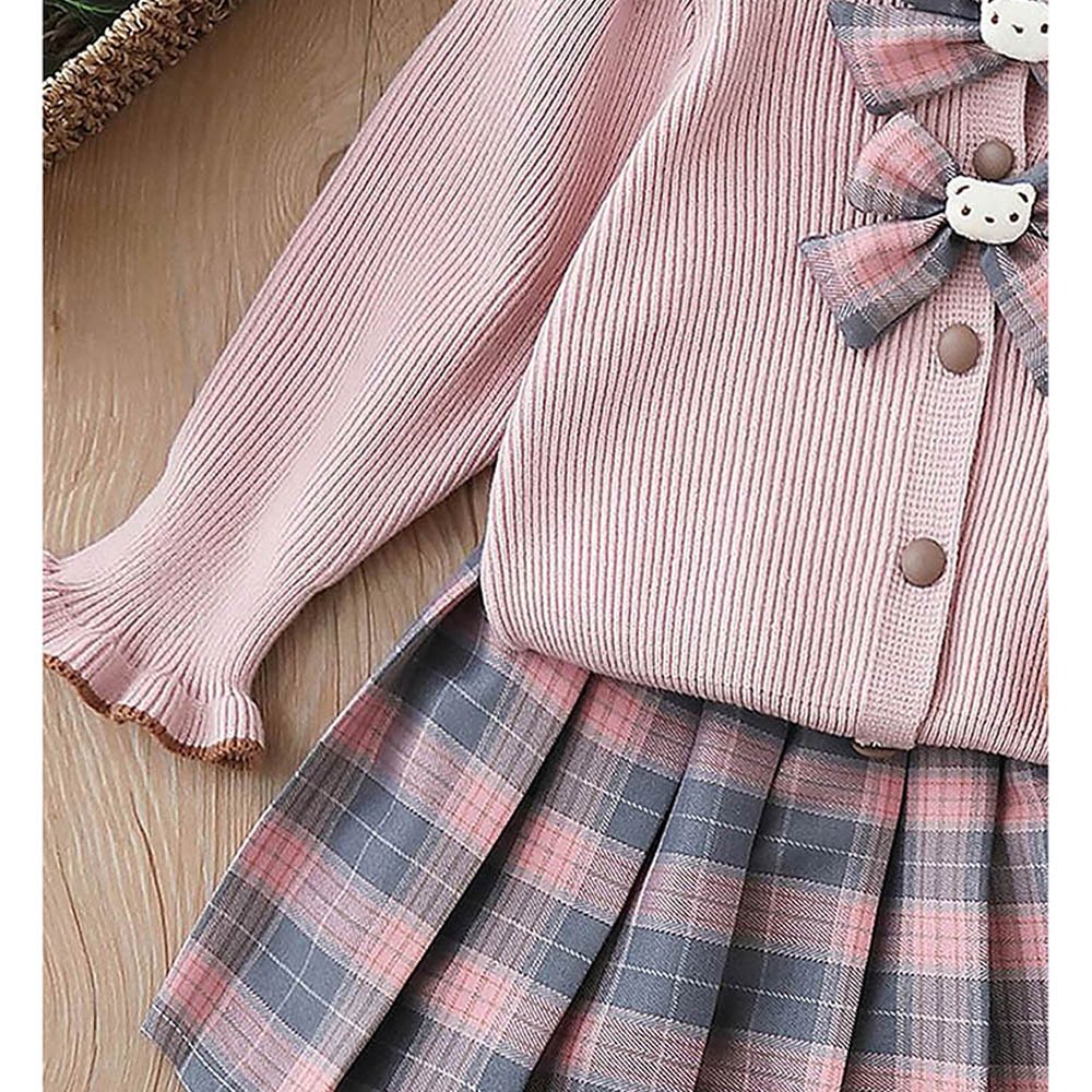 2 pcs Pink checks cardigan and Skirt Winter wear 2 matching Teddy Clips - Little Surprise Box2 pcs Pink checks cardigan and Skirt Winter wear 2 matching Teddy Clips