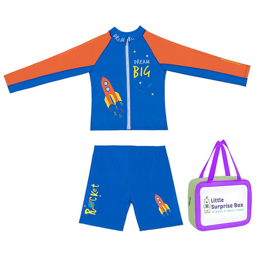 2 pcs Shirt & Shorts set LSB Blue & Orange Space Swimwear Knee length for Kids with UPF 30+ - Little Surprise Box2 pcs Shirt & Shorts set LSB Blue & Orange Space Swimwear Knee length for Kids with UPF 30+