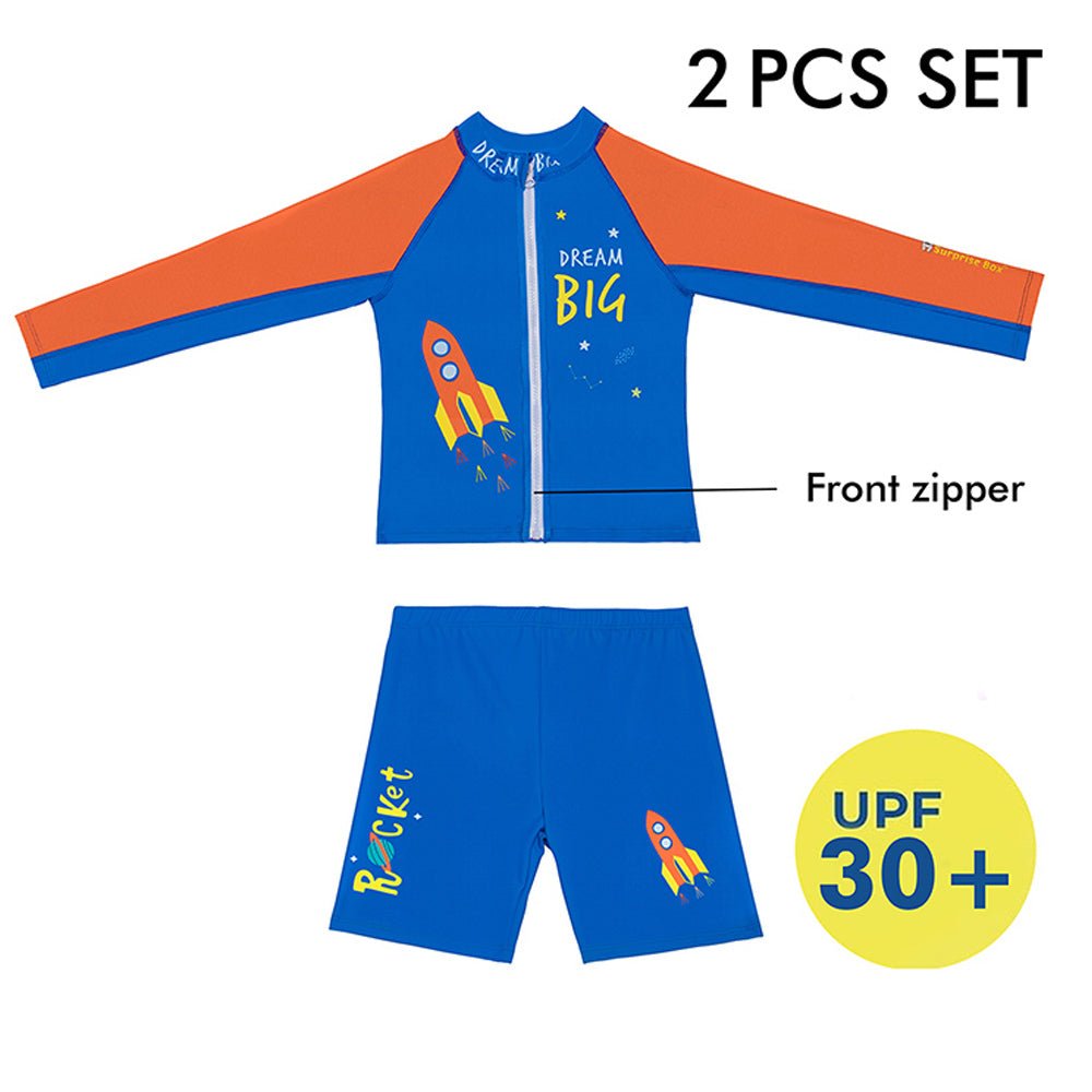 2 pcs Shirt & Shorts set LSB Blue & Orange Space Swimwear Knee length for Kids with UPF 30+ - Little Surprise Box2 pcs Shirt & Shorts set LSB Blue & Orange Space Swimwear Knee length for Kids with UPF 30+