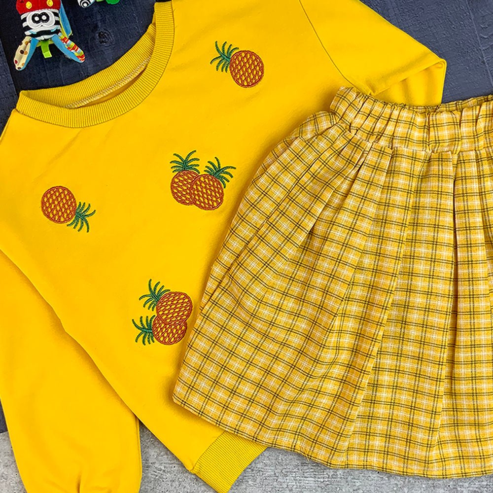 2 pcs Yellow Pineapple Sweatshirt, Skirt Winterwear set for Girls - Little Surprise Box2 pcs Yellow Pineapple Sweatshirt, Skirt Winterwear set for Girls