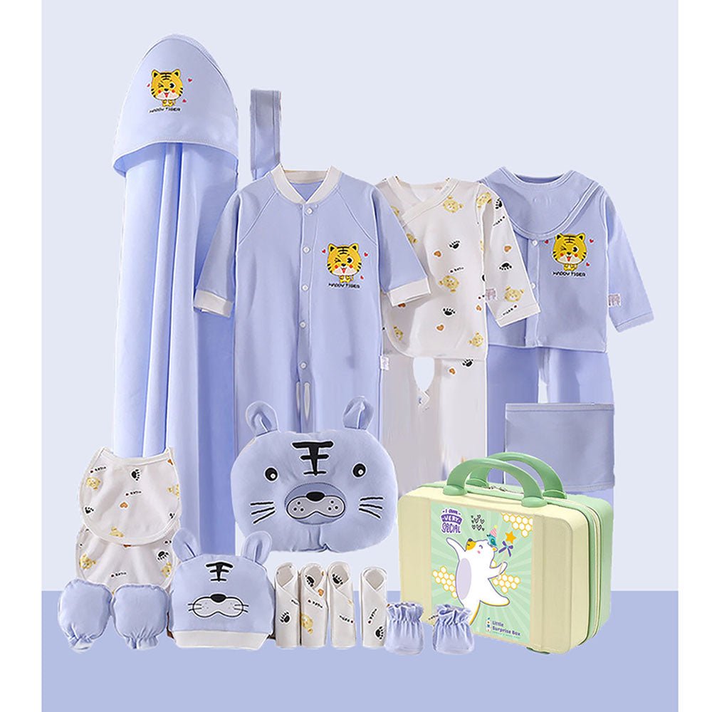 21 Pcs Baby Blue Tiger Newborn Baby Girl/ Boy All Season Wear Gift Hamper With Suitcase - Little Surprise Box21 Pcs Baby Blue Tiger Newborn Baby Girl/ Boy All Season Wear Gift Hamper With Suitcase