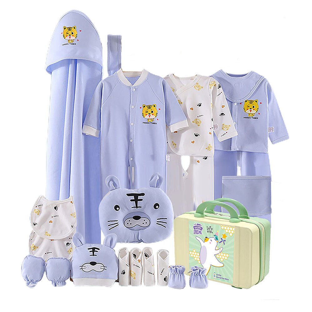 21 Pcs Baby Blue Tiger Newborn Baby Girl/ Boy All Season Wear Gift Hamper With Suitcase - Little Surprise Box21 Pcs Baby Blue Tiger Newborn Baby Girl/ Boy All Season Wear Gift Hamper With Suitcase