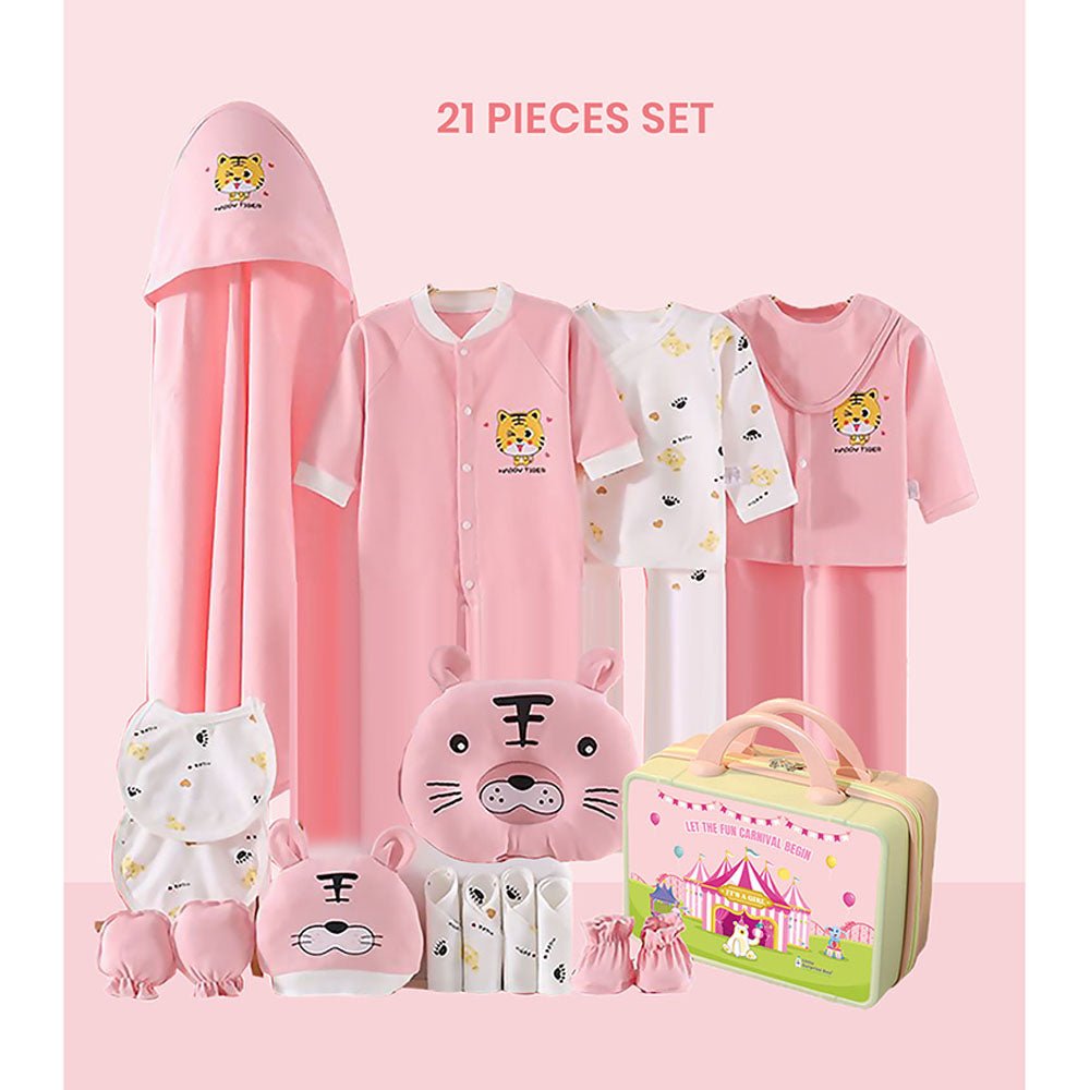 21 Pcs Baby Pink Tiger Newborn Baby Girl/ Boy All Season Wear Gift Hamper With Suitcase - Little Surprise Box21 Pcs Baby Pink Tiger Newborn Baby Girl/ Boy All Season Wear Gift Hamper With Suitcase