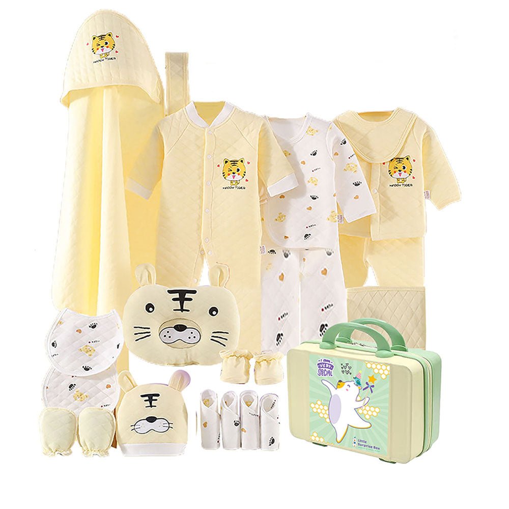 21 Pcs Light Yellow Tiger Newborn Baby Girl/ Boy All Season Wear Gift Hamper With Suitcase - Little Surprise Box21 Pcs Light Yellow Tiger Newborn Baby Girl/ Boy All Season Wear Gift Hamper With Suitcase