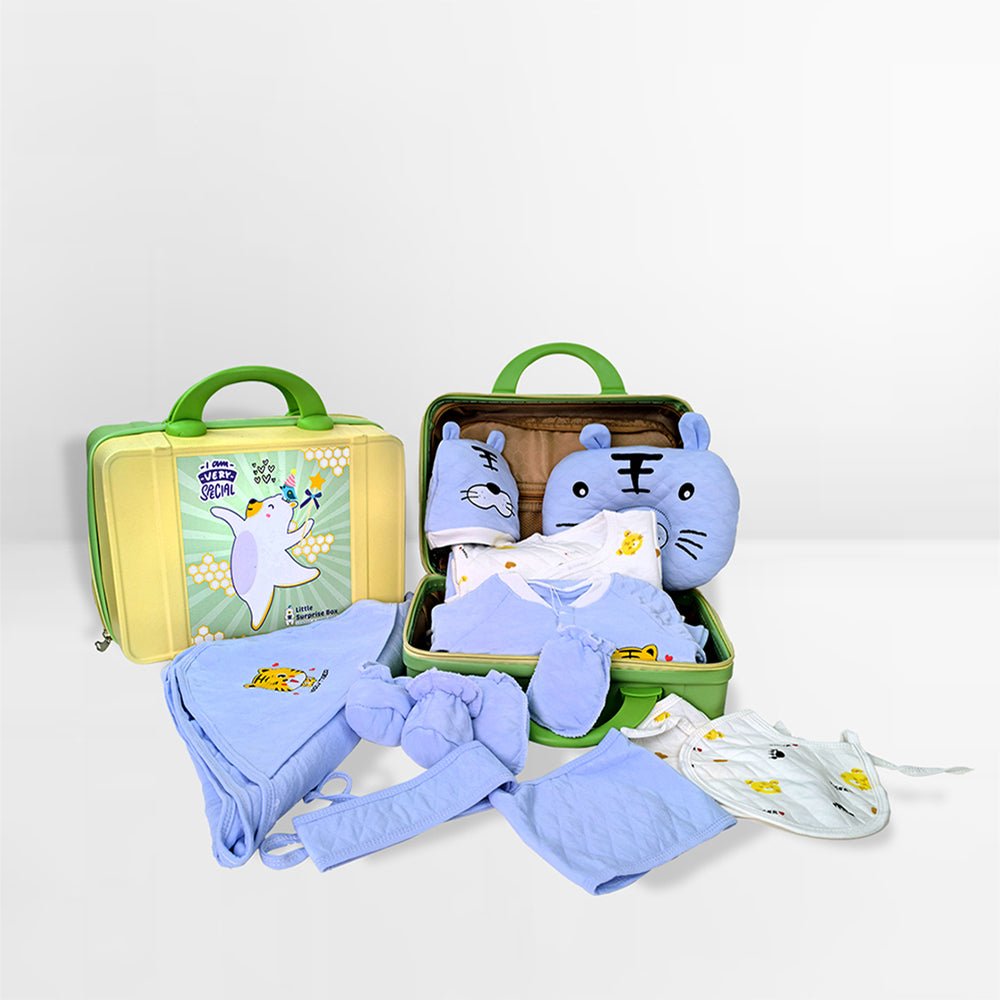 21 Pcs Winter Wear Baby Blue Tiger Newborn Baby Girl/ Boy Gift Hamper With Suitcase - Little Surprise Box21 Pcs Winter Wear Baby Blue Tiger Newborn Baby Girl/ Boy Gift Hamper With Suitcase