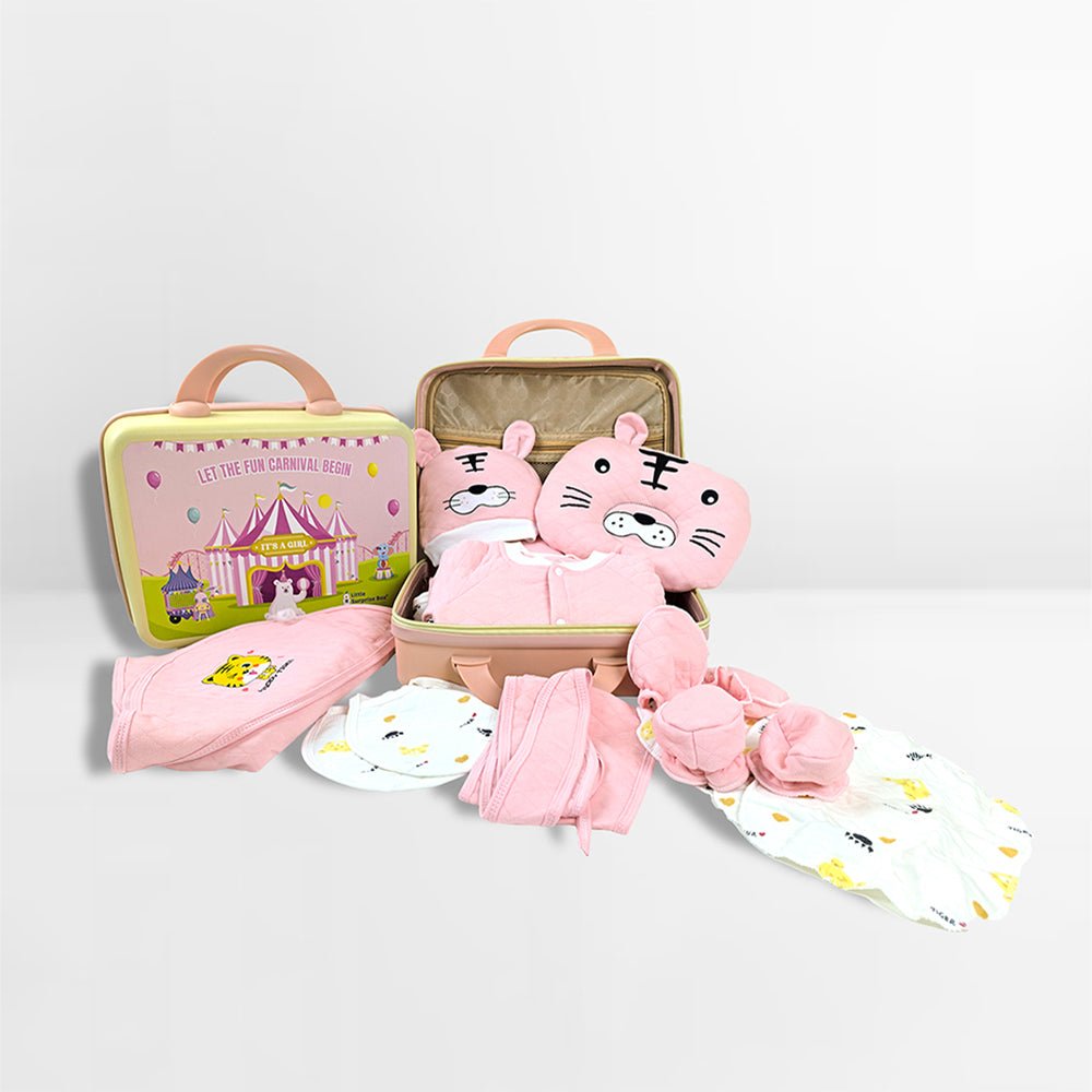 21 Pcs Winter Wear Baby Pink Tiger Newborn Baby Girl/ Boy Gift Hamper With Suitcase - Little Surprise Box21 Pcs Winter Wear Baby Pink Tiger Newborn Baby Girl/ Boy Gift Hamper With Suitcase