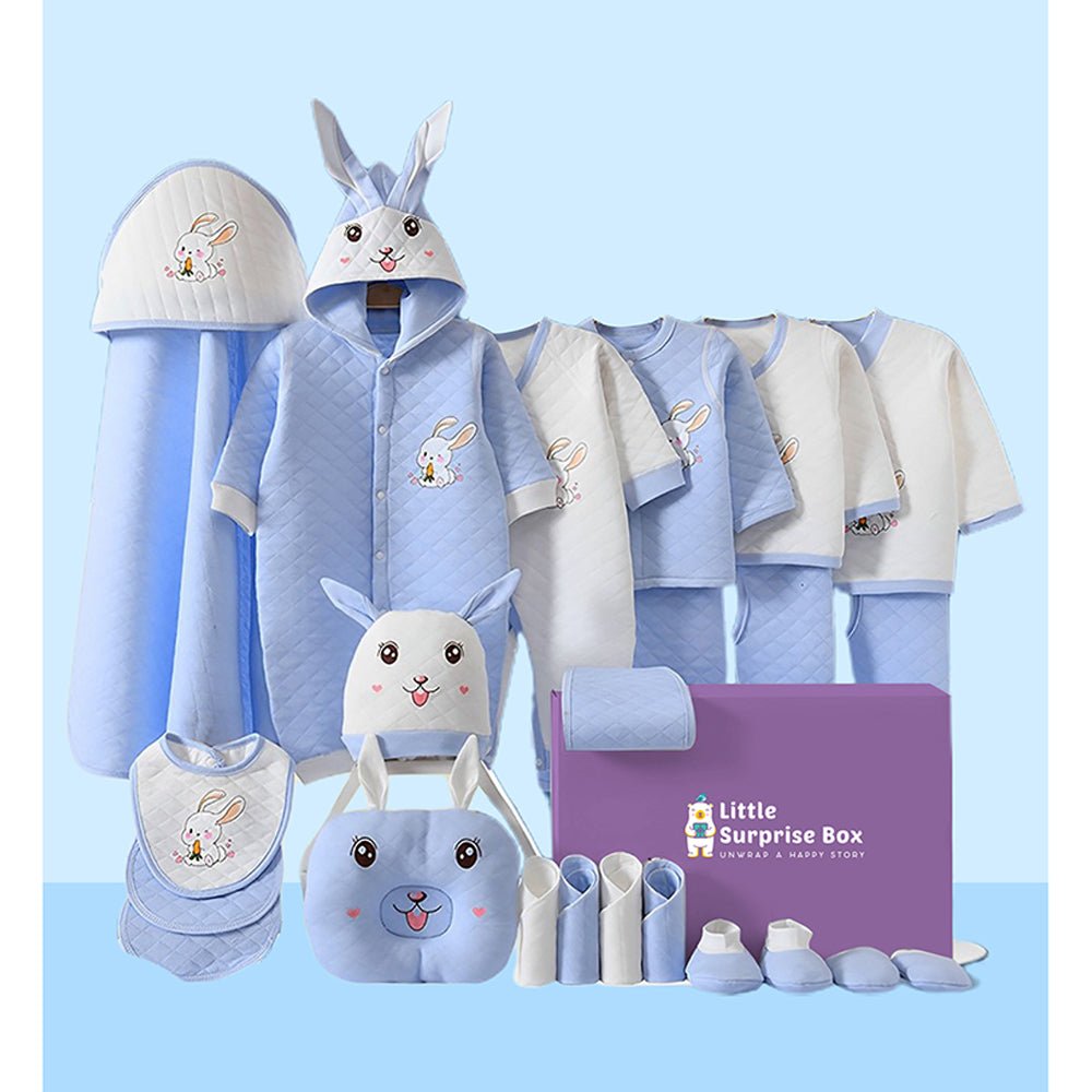 22 pcs Blue & White Dual 3d ear Rabbit, Newborn Baby Hamper Box - Little Surprise Box22 pcs Blue & White Dual 3d ear Rabbit, Newborn Baby Hamper Box