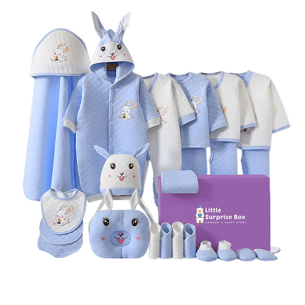 22 pcs Blue & White Dual 3d ear Rabbit, Newborn Baby Hamper Box - Little Surprise Box22 pcs Blue & White Dual 3d ear Rabbit, Newborn Baby Hamper Box