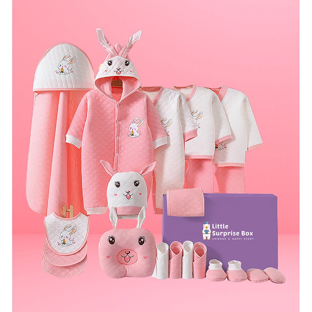 22 pcs Pink & White Dual 3d ear Rabbit, Newborn Baby Hamper Box - Little Surprise Box22 pcs Pink & White Dual 3d ear Rabbit, Newborn Baby Hamper Box