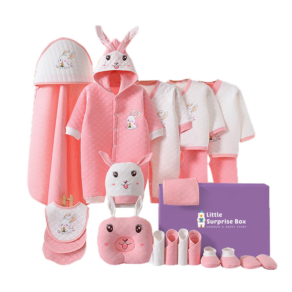 22 pcs Pink & White Dual 3d ear Rabbit, Newborn Baby Hamper Box - Little Surprise Box22 pcs Pink & White Dual 3d ear Rabbit, Newborn Baby Hamper Box