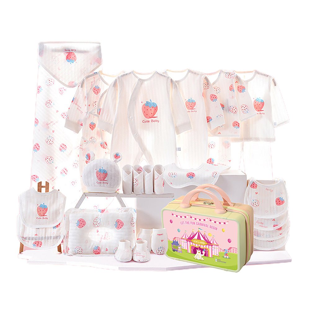 22 Pcs White Strawberry Newborn Baby Girl/ Boy All Season Wear Gift Hamper With Suitcase - Little Surprise Box22 Pcs White Strawberry Newborn Baby Girl/ Boy All Season Wear Gift Hamper With Suitcase