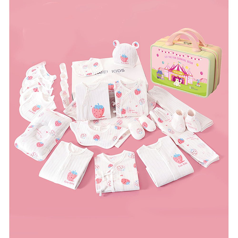 22 Pcs White Strawberry Newborn Baby Girl/ Boy All Season Wear Gift Hamper With Suitcase - Little Surprise Box22 Pcs White Strawberry Newborn Baby Girl/ Boy All Season Wear Gift Hamper With Suitcase