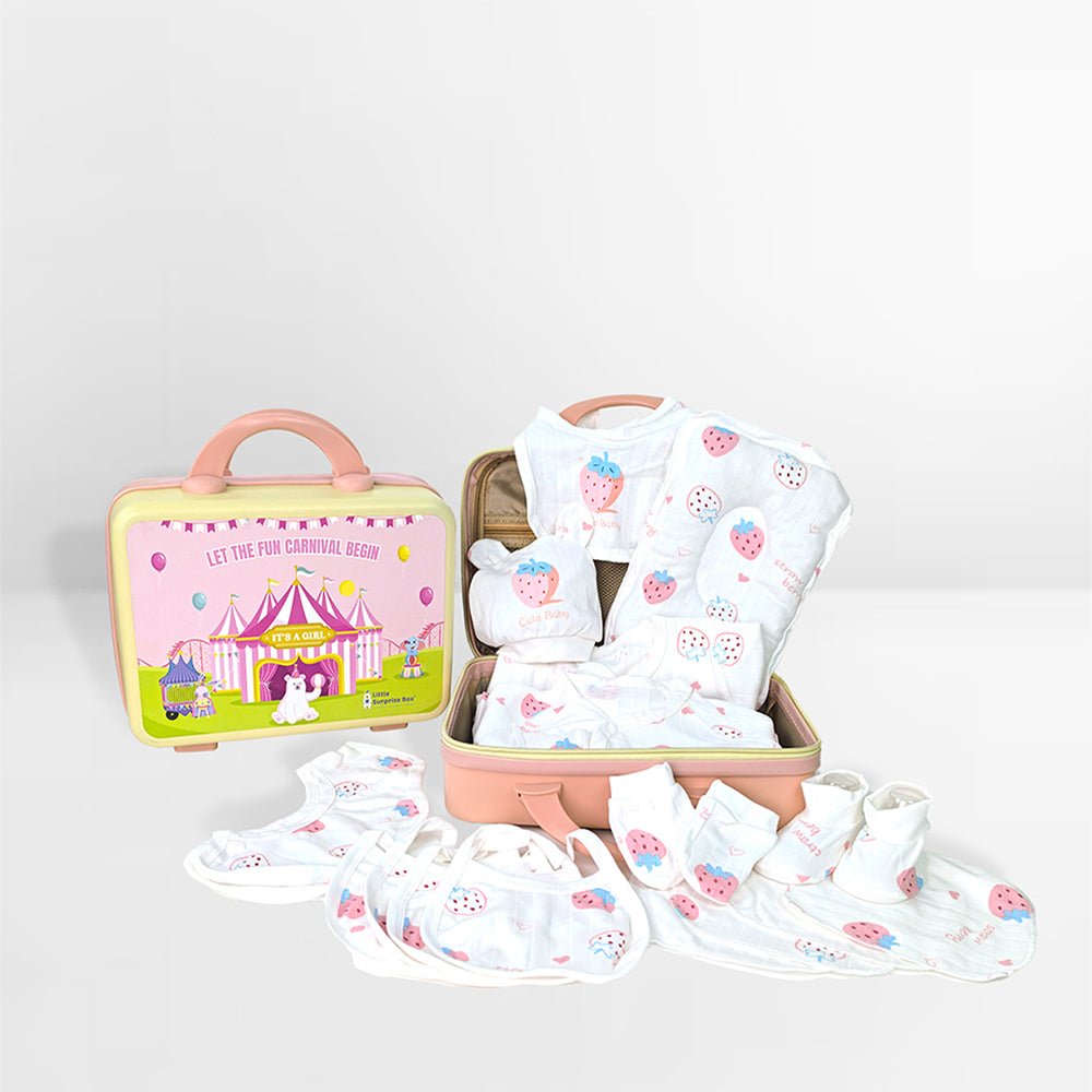 22 Pcs White Strawberry Newborn Baby Girl/ Boy All Season Wear Gift Hamper With Suitcase - Little Surprise Box22 Pcs White Strawberry Newborn Baby Girl/ Boy All Season Wear Gift Hamper With Suitcase