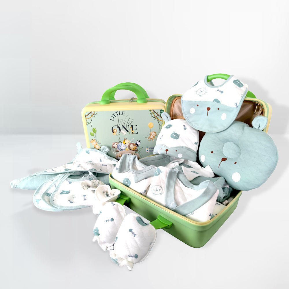 23 pcs Mint Green & White Ted Face, Newborn baby Hamper Box - Little Surprise Box23 pcs Mint Green & White Ted Face, Newborn baby Hamper Box