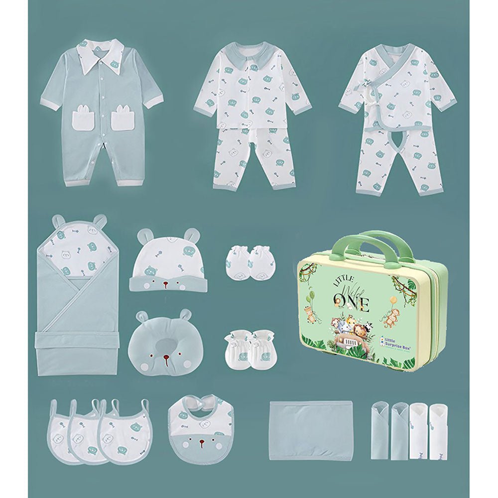 23 pcs Mint Green & White Ted Face, Newborn baby Hamper Box - Little Surprise Box23 pcs Mint Green & White Ted Face, Newborn baby Hamper Box