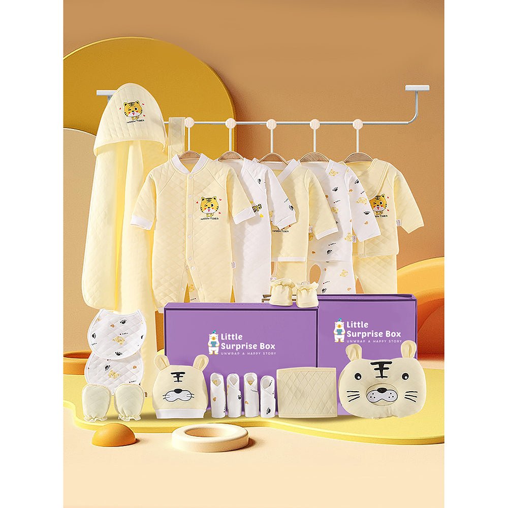 23 pcs Yellow & White Dual Tiger, Newborn Baby Gift Hamper Box - Little Surprise Box23 pcs Yellow & White Dual Tiger, Newborn Baby Gift Hamper Box