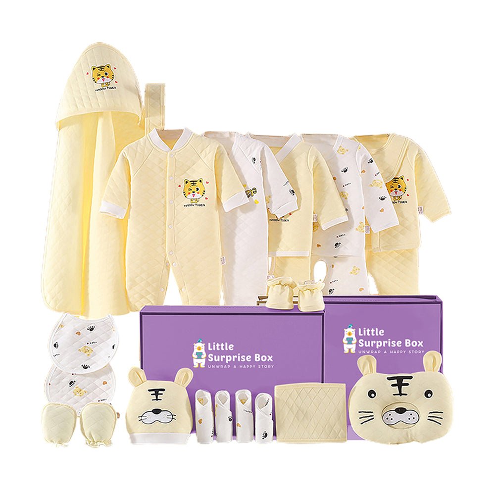 23 pcs Yellow & White Dual Tiger, Newborn Baby Gift Hamper Box - Little Surprise Box23 pcs Yellow & White Dual Tiger, Newborn Baby Gift Hamper Box