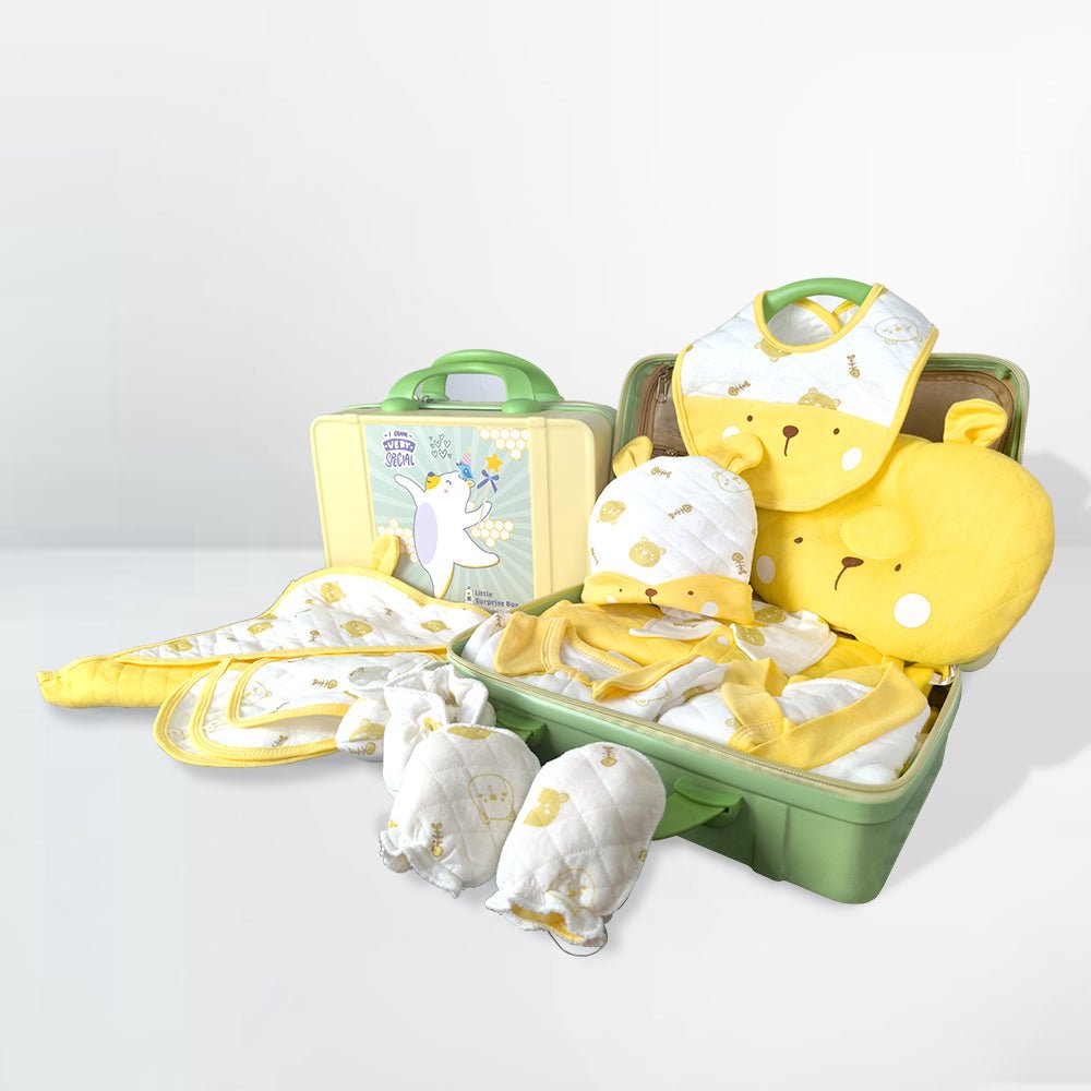 23 pcs Yellow & white Ted Face, Newborn Baby Hamper Box - Little Surprise Box23 pcs Yellow & white Ted Face, Newborn Baby Hamper Box