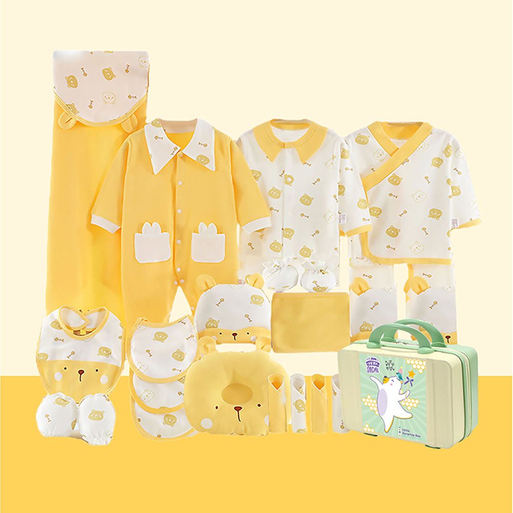 23 pcs Yellow & white Ted Face, Newborn Baby Hamper Box - Little Surprise Box23 pcs Yellow & white Ted Face, Newborn Baby Hamper Box