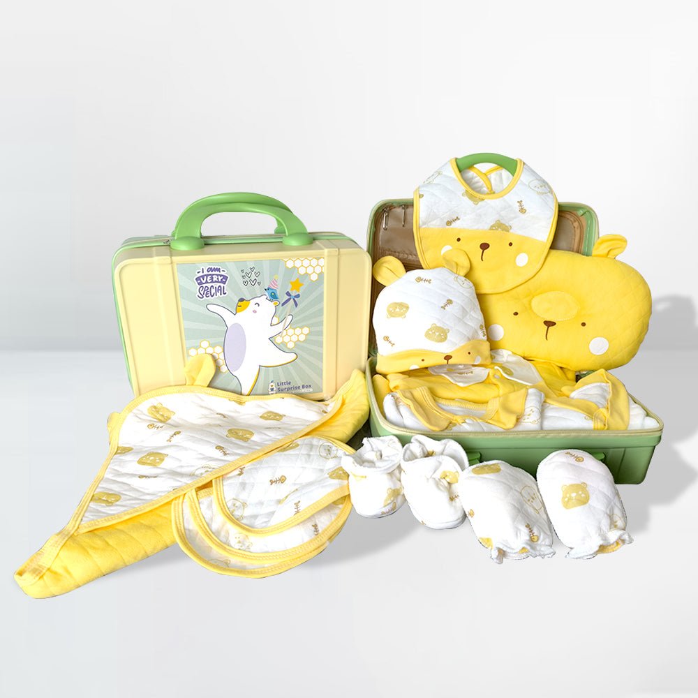 23 pcs Yellow & white Ted Face, Newborn Baby Hamper Box - Little Surprise Box23 pcs Yellow & white Ted Face, Newborn Baby Hamper Box