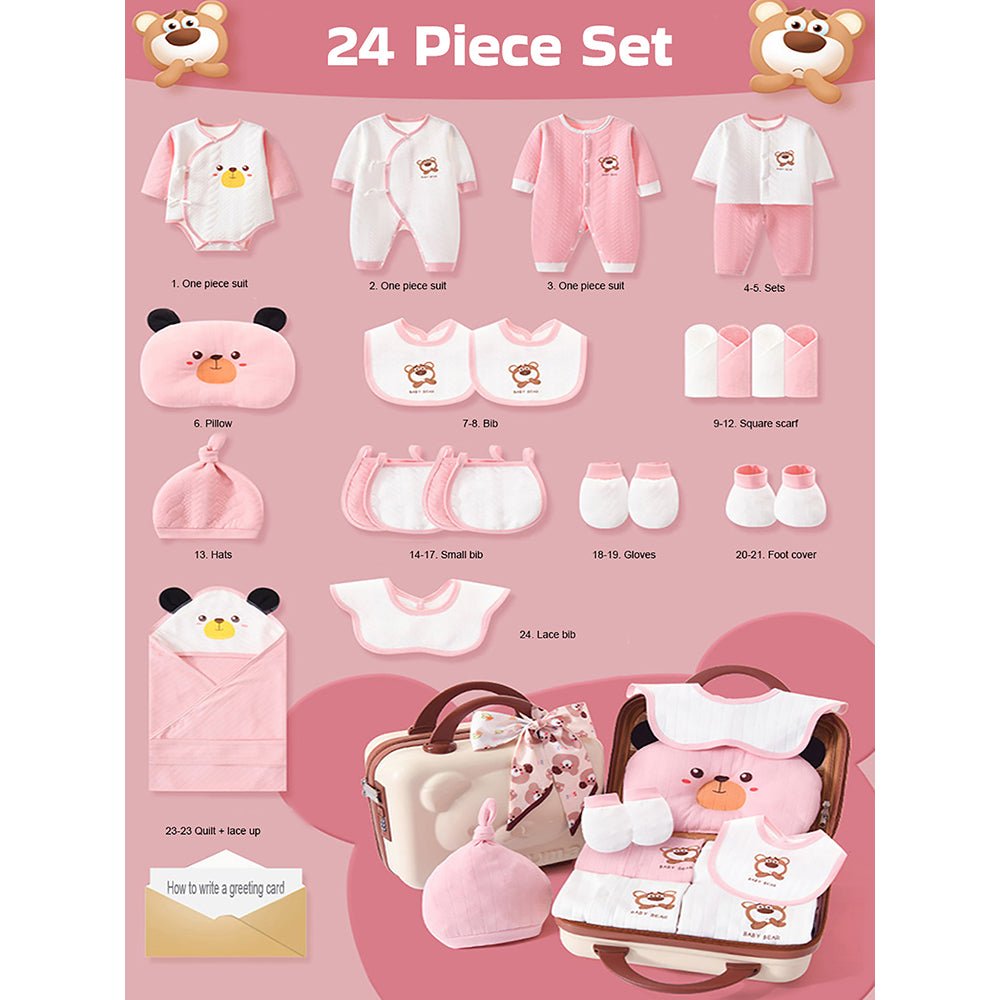 24 pcs Pink & brown Ted Mini Suitcase style Newborn Hamper for Baby Boy/Baby Girl. 0-6 months - Little Surprise Box24 pcs Pink & brown Ted Mini Suitcase style Newborn Hamper for Baby Boy/Baby Girl. 0-6 months