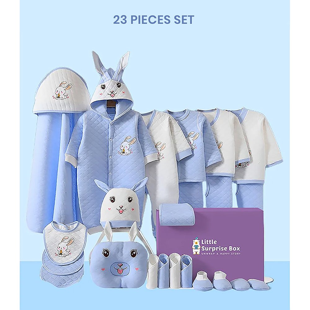 24 Pcs Winter Wear White Blue Dual Bunny Newborn Baby Girl/ Boy Gift Hamper Box - Little Surprise Box24 Pcs Winter Wear White Blue Dual Bunny Newborn Baby Girl/ Boy Gift Hamper Box