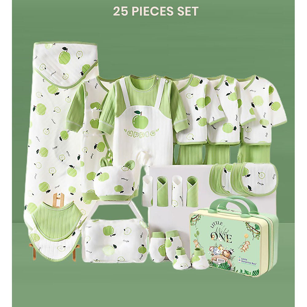 25 Pcs Green Apple Newborn Baby Girl/ Boy All Season Wear Gift Hamper With Suitcase - Little Surprise Box25 Pcs Green Apple Newborn Baby Girl/ Boy All Season Wear Gift Hamper With Suitcase